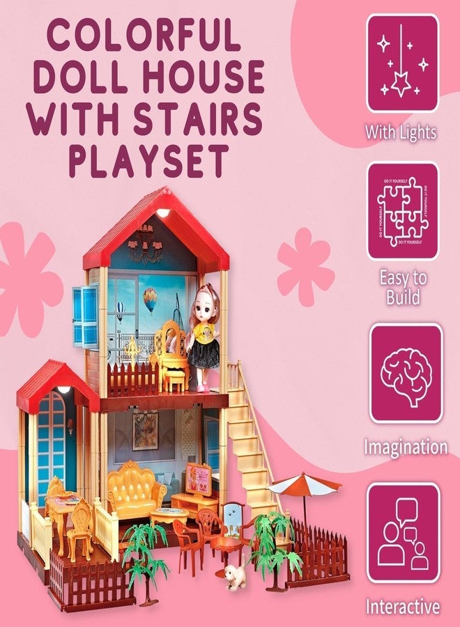 GIPTOC 3 Rooms Large 2 Floors Dollhouse Playset, Girls Doll House with Doll, Stairs, Furniture, and Accessories, Red - Image 2